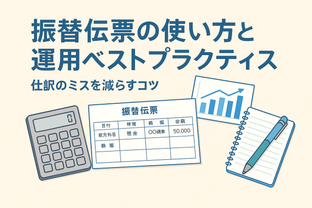 振替伝票の記入例と電卓、ノート、グラフを並べて、仕訳の手順と経理実務をイメージした日本語のアイキャッチ画像。「振替伝票の使い方と運用ベストプラクティス｜仕訳のミスを減らすコツ」というタイトル入りで、淡いブルー基調の清潔感あるデザイン。