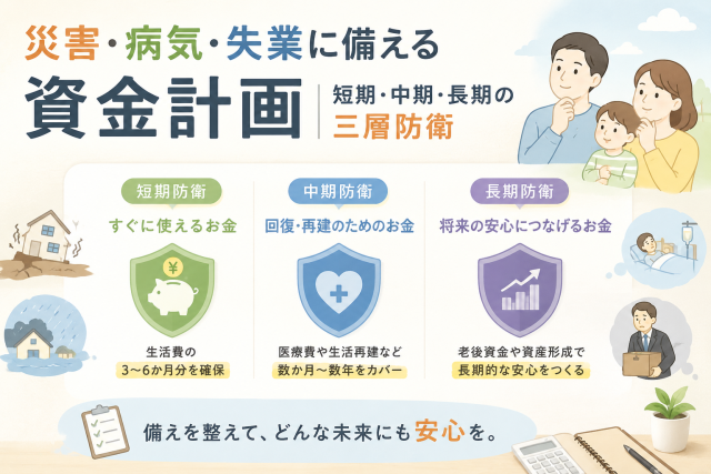 災害・病気・失業に備える資金計画として、短期・中期・長期の三層防衛を家族や防衛アイコンでわかりやすく表現したアイキャッチ画像。