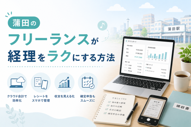 蒲田のフリーランスがクラウド会計やレシート管理を活用して、日々の経理作業を効率化する様子を表したアイキャッチ画像。