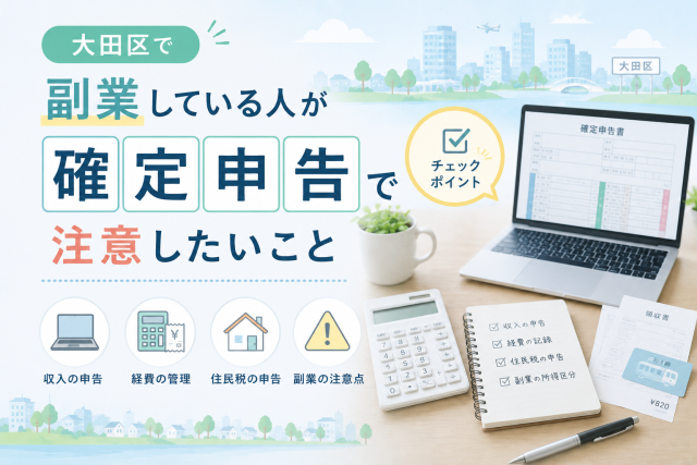 大田区で副業している人が確定申告で注意したいポイントを、パソコンや申告書、電卓、チェックリストでわかりやすく表現したアイキャッチ画像。