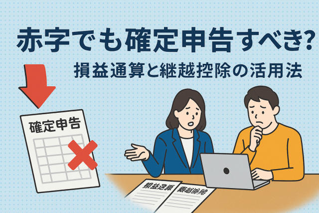 赤字でも確定申告すべきか悩む人が損益通算・繰越控除の書類を前に相談しているイラスト