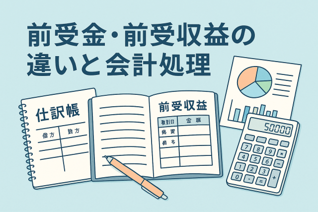 前受金と前受収益の違いと会計処理を解説する記事のアイキャッチ画像。仕訳帳、帳簿、電卓、グラフが並ぶビジネスシーンを描いた淡いブルー基調の清潔感あるデザイン。