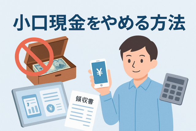 小口現金をやめる方法をテーマにしたアイキャッチ画像。現金箱に禁止マークを付け、スマホの電子決済画面を示す男性、領収書、電卓、タブレットが描かれた淡いブルー基調のビジネスイラスト。