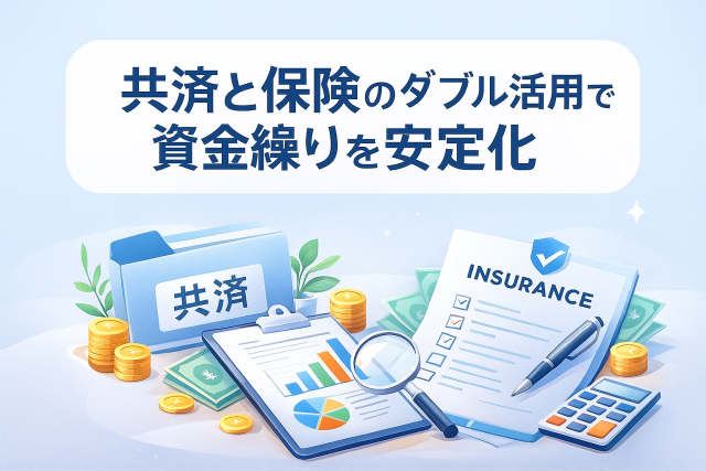 共済と保険を組み合わせて資金繰りを安定化するイメージとして、共済ファイル、保険書類、グラフ、コインなどのアイコンを配置した明るく親しみやすいデザインのアイキャッチ画像。
