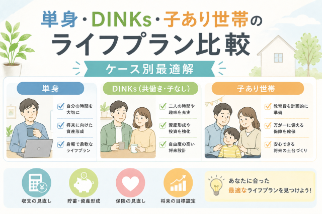 単身・DINKs・子あり世帯のライフプランを比較し、世帯タイプ別の資産形成や保険、将来設計のポイントをわかりやすく示したアイキャッチ画像。