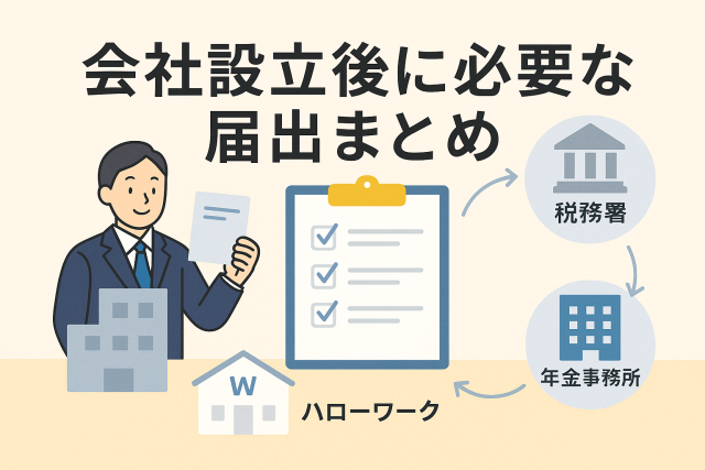 会社設立後に必要な届出を説明するイラスト。スーツ姿の男性が書類を持ち、チェックリストのボードと「税務署」「年金事務所」「ハローワーク」の流れを示す構図。