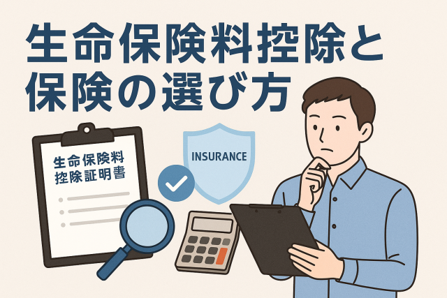 生命保険料控除と保険の選び方をテーマに、控除証明書・虫眼鏡・電卓・保険シールド・悩むビジネスパーソンを配置した分かりやすいアイキャッチ画像。