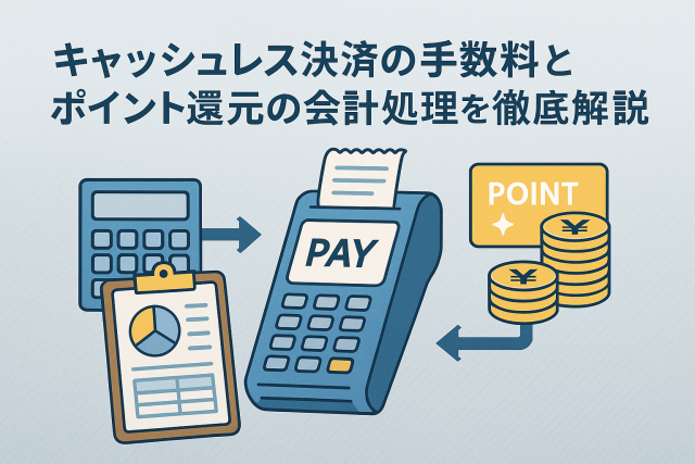 キャッシュレス決済端末・電卓・帳票・ポイントアイコンを並べて、キャッシュレス決済の手数料とポイント還元の流れを説明している日本語のアイキャッチ画像。「キャッシュレス決済の手数料とポイント還元の会計処理を徹底解説」という見出し入りで、淡いブルー系の清潔感のあるデザイン。