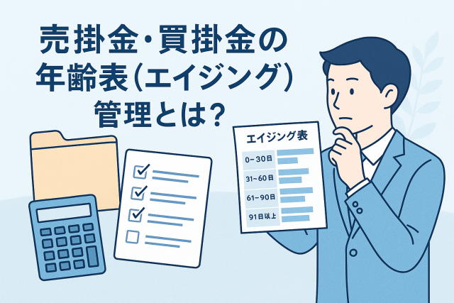 売掛金・買掛金の年齢表（エイジング）管理をイメージしたイラストで、スーツ姿の男性がエイジング表を見ながら考えている様子が描かれています。背景には電卓やチェックリスト、書類フォルダが配置され、経理・会計管理のイメージを表現した横長デザインです。