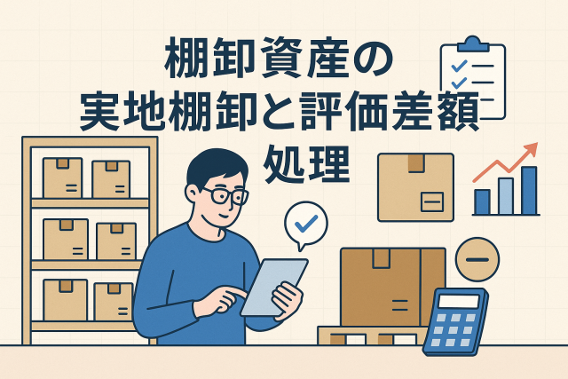 棚卸資産の実地棚卸と評価差額の処理をテーマにした日本語アイキャッチ画像。倉庫で在庫を確認する男性がタブレットを操作し、棚の段ボールや電卓、グラフなどが描かれた、清潔感のある淡いブルーとベージュのビジネスイラスト。