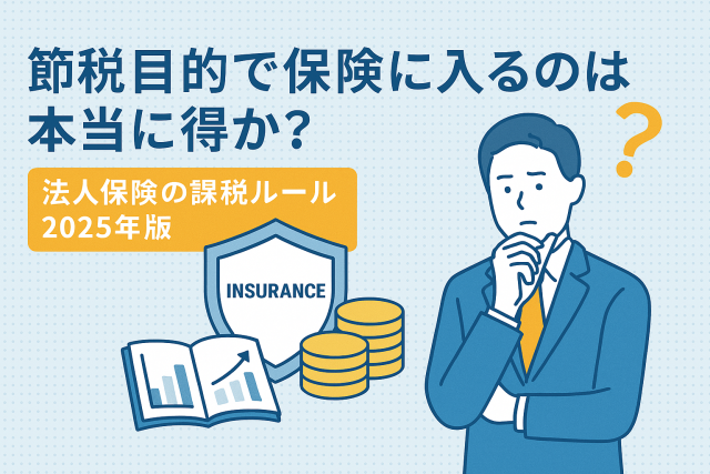 スーツ姿の男性が保険の節税効果について考えている様子を描いた、法人保険の課税ルール2025年版のアイキャッチ画像