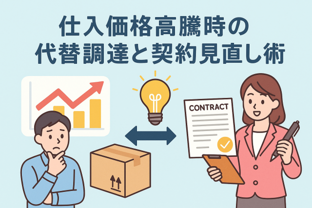 仕入価格の高騰に悩む経営者が、代替調達や契約見直しを検討している様子を描いたビジネスイラスト。価格上昇グラフと契約書、電球のアイコンでコスト削減のアイデアを表現。