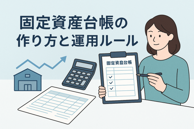 固定資産台帳の作り方と運用ルールを解説する記事のアイキャッチ画像。女性がクリップボードに資産管理表を記入し、横に電卓とグラフ、帳簿が並ぶビジネスシーンを描いたイラスト。淡いブルー基調の清潔感あるデザイン。