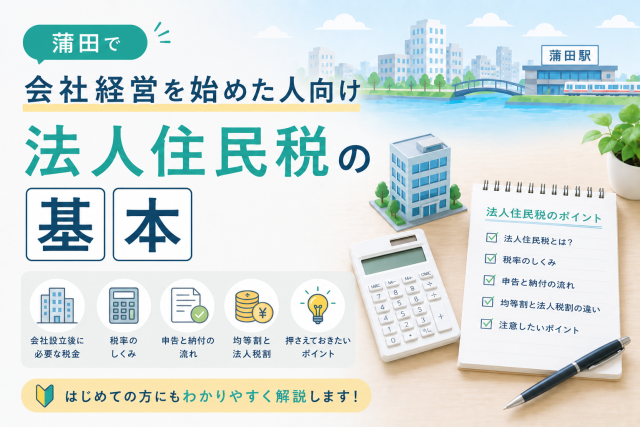 蒲田で会社経営を始めた人向けに、法人住民税の基本を電卓やチェックリスト、会社の建物イラストでわかりやすく表現したアイキャッチ画像。