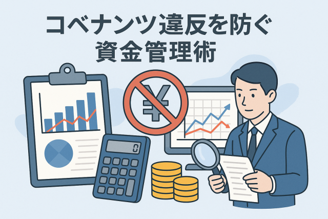 銀行との信頼関係を保ちながらコベナンツ違反を防ぐ資金管理をイメージしたビジネスシーン。スーツ姿の経営者が書類とグラフを見つめ、電卓やコイン、財務データが並ぶイラスト。