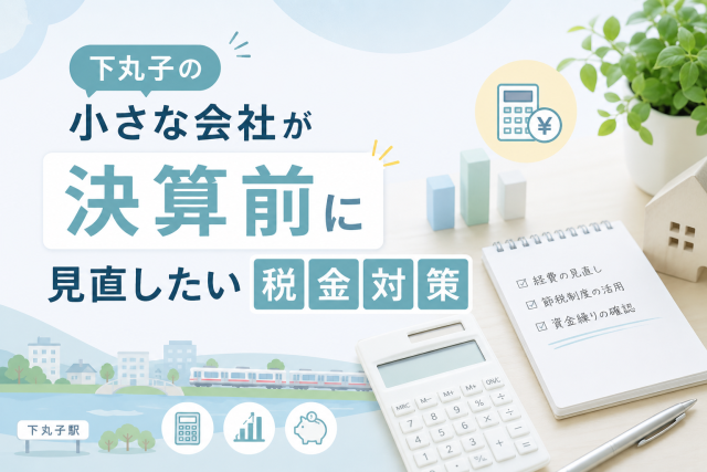 下丸子の小さな会社が決算前に見直したい税金対策をテーマに、電卓やチェックリスト、資金管理のアイコンを使ってわかりやすく表現したアイキャッチ画像。