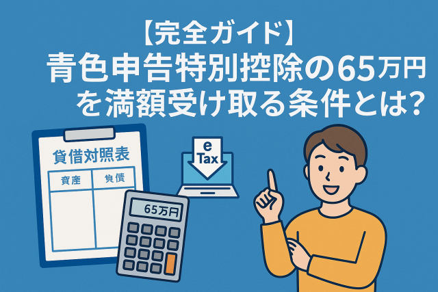 青色申告特別控除65万円の満額受け取り条件を解説するイラスト。貸借対照表、e-Tax、電卓、人物が描かれているフラットデザイン