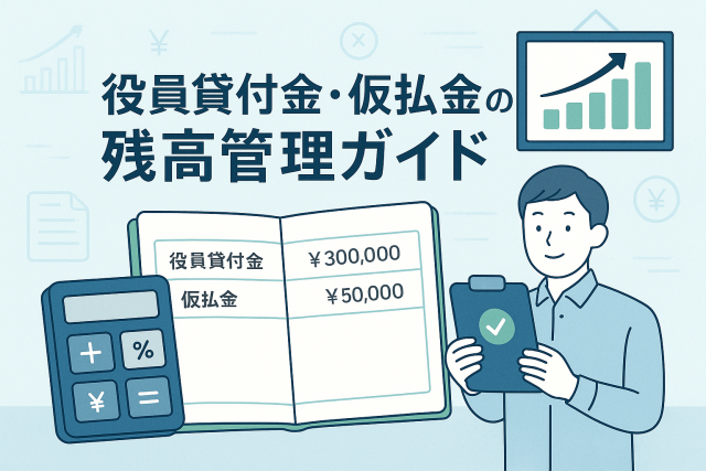 経理担当者が役員貸付金と仮払金の残高を確認している様子を描いたイラスト。帳簿や電卓、上昇グラフが描かれ、資金管理や会計処理のイメージを直感的に伝える構図。