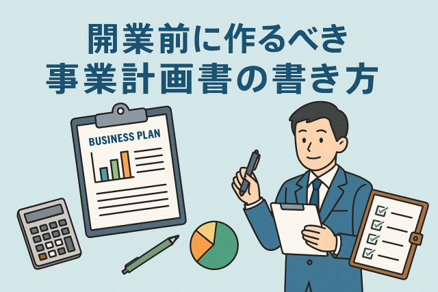 開業前に事業計画書を書くビジネスパーソンのイラスト。机上にはノート、電卓、グラフ付きのビジネスプラン書類が並び、開業準備の雰囲気を伝える清潔感のあるデザイン。