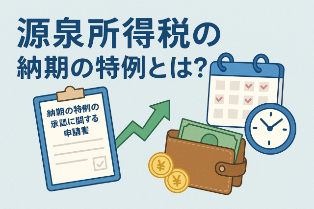 「源泉所得税の納期の特例とは？」という見出しと、カレンダー・時計・申請書・財布・円マークのイラストが描かれたビジネス向けデザイン。納期管理とキャッシュフロー改善をイメージした構図。