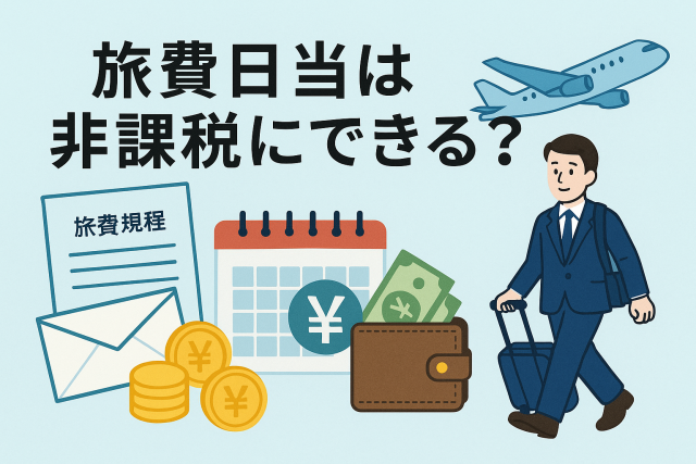 「旅費日当は非課税にできる？」という見出しと、出張中のビジネスマン、飛行機、旅費規程の書類、カレンダー、財布、円マークのコインが描かれたイラスト。出張経費や税務の非課税をイメージしたデザイン。