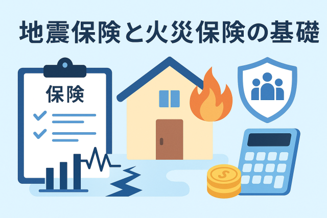 地震保険と火災保険の基礎をテーマに、家・炎・地震の揺れ・保険のチェックリスト・電卓などを配置した分かりやすいアイキャッチ画像。