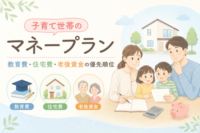 子育て世帯が教育費・住宅費・老後資金の優先順位を家族で話し合う様子を描いた、マネープラン解説記事のアイキャッチ画像