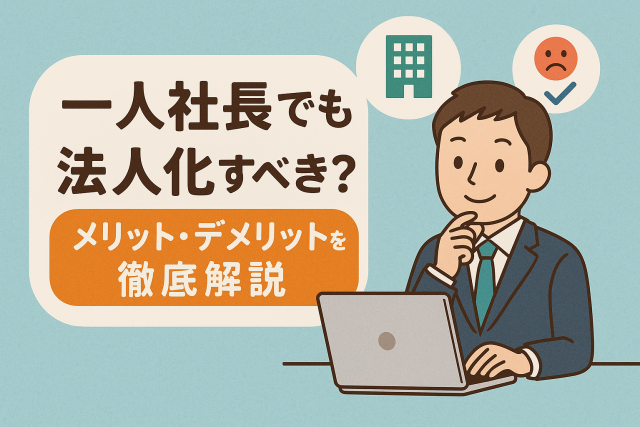 一人社長の法人化メリット・デメリットを解説する日本語インフォグラフィック風イラスト。スーツ姿の男性がパソコンを操作している。