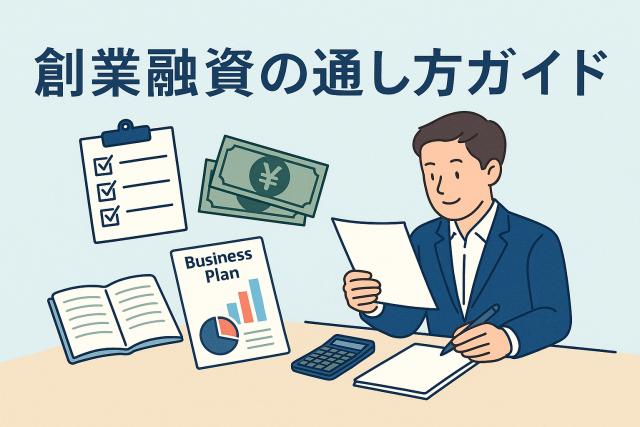 創業融資の審査対策を説明するビジネスパーソンのイラスト。机上に事業計画書、チェックリスト、電卓、紙幣などが並び、融資申請準備の様子を表現した清潔感あるデザイン。