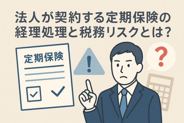 法人が契約する定期保険の経理処理と税務リスクを説明するイラスト。スーツ姿の男性が警告マークと定期保険書類を前に考えている。