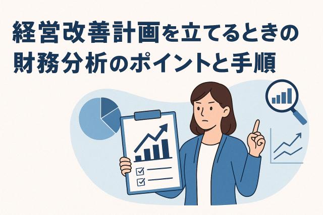経営改善計画を立てるときの財務分析をテーマにしたアイキャッチ画像。女性がグラフ付きの資料を持ち、指を立てて説明している。背景には円グラフ・棒グラフ・拡大鏡のイラストが描かれ、分析と改善のイメージを表現している。