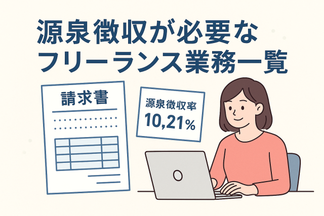 パソコンで請求書を作成する女性のイラストと「源泉徴収が必要なフリーランス業務一覧」という見出しが描かれた、税金処理をイメージさせる清潔感のあるデザイン。