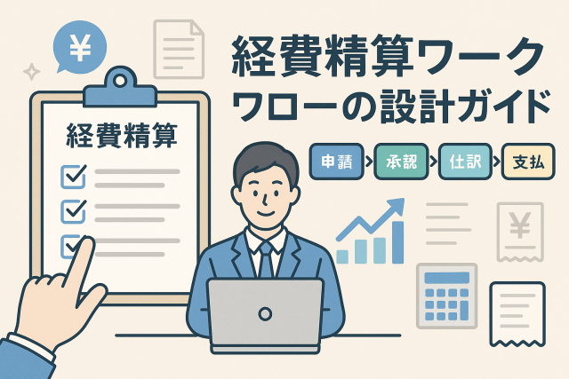 「経費精算ワークフローの設計ガイド」というタイトル入りのイラストで、スーツ姿の男性がノートパソコンで経費精算を行う様子が描かれています。左側にはチェックリストと円マークのアイコン、右側には「申請→承認→仕訳→支払」の流れを示す矢印とグラフが配置され、経費処理の一連の流れをイメージできる清潔感のあるデザインです。