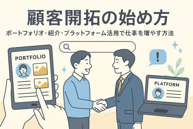 顧客開拓の始め方をテーマにしたイラスト。ポートフォリオを示すタブレット、握手するビジネスマン、そして「PLATFORM」と書かれたノートパソコンが描かれ、仕事獲得の流れを表現している。