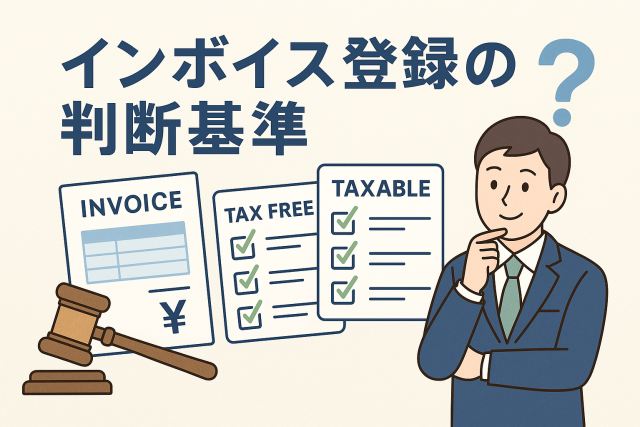 インボイス登録の判断基準をテーマにしたイラスト。請求書と「TAX FREE」「TAXABLE」の書類、考えるビジネスマンが描かれ、免税と課税の選択を象徴している。