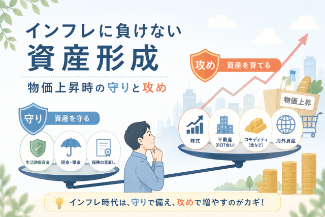 インフレに負けない資産形成について、物価上昇時の守りと攻めの考え方を天秤や投資アイコンで表したアイキャッチ画像。