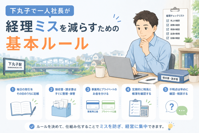 下丸子で一人社長が経理ミスを減らすために、取引記録、領収書整理、口座管理、帳簿確認などの基本ルールをわかりやすく表したアイキャッチ画像