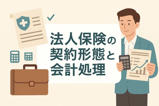 法人保険の契約形態と会計処理をテーマに、保険書類、ブリーフケース、電卓、金融データを持つビジネスパーソンを配置した横長のアイキャッチ画像。