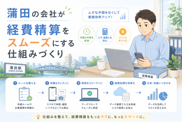 蒲田の会社が経費精算をスムーズにするための、申請ルール整備、スマホ申請、承認フロー、データ連携、コスト管理の流れをわかりやすく表したアイキャッチ画像