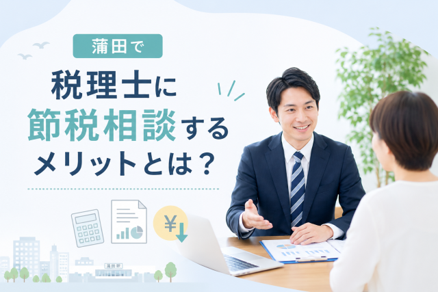 蒲田で税理士に節税相談するメリットをテーマに、税理士と相談者が明るいオフィスで話し合う様子を描いたアイキャッチ画像。