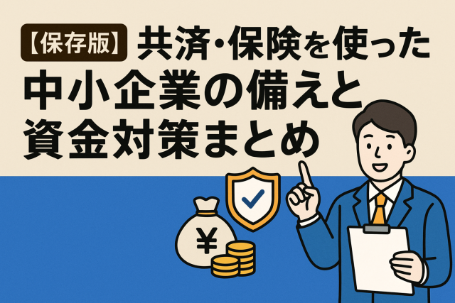 共済と保険による中小企業の備えと資金対策を解説する男性と、円マークの袋・コイン・保険シールドが描かれたイラスト