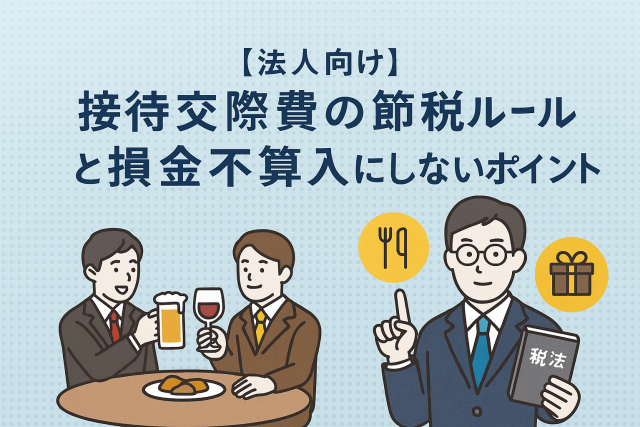 法人向けの接待交際費の節税ポイントを解説するイラスト。税理士が税法書を持ち、接待の場面を指差しながら説明している。