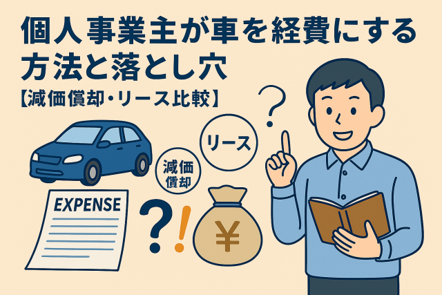 個人事業主が車を経費にする方法と減価償却・リースの違いを説明するイラスト