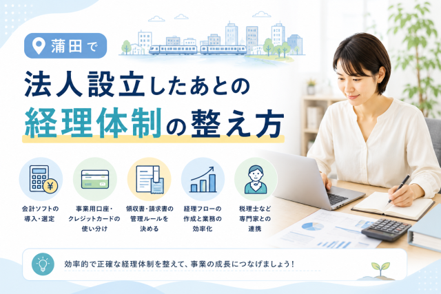 蒲田で法人設立したあとに、会計ソフトや事業用口座、請求書・領収書管理など経理体制を整える様子を表したアイキャッチ画像