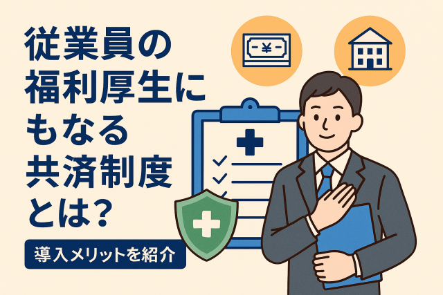 従業員の福利厚生にもなる共済制度を紹介する日本語見出し入りのイラスト。スーツ姿の男性、医療マークの盾、クリップボード、紙幣と建物のアイコンが描かれている。