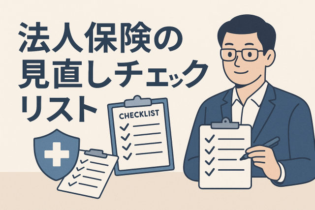 法人保険の見直しチェックリストをテーマにしたアイキャッチ画像。スーツ姿の男性がチェックリストを確認し、周囲に保険を象徴するアイコンや書類が配置された、親しみやすいデザイン。