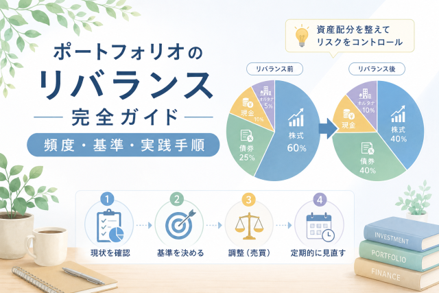 ポートフォリオのリバランスについて、資産配分の見直し前後を円グラフと手順アイコンでわかりやすく表したアイキャッチ画像。