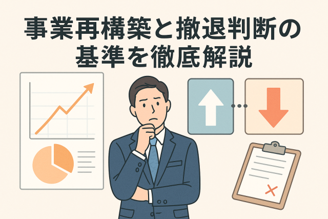 事業再構築と撤退判断の基準をテーマにしたビジネスイラスト。グラフや上向き矢印・下向き矢印を背景に、経営判断を考える男性経営者を描いた清潔感のある構図。