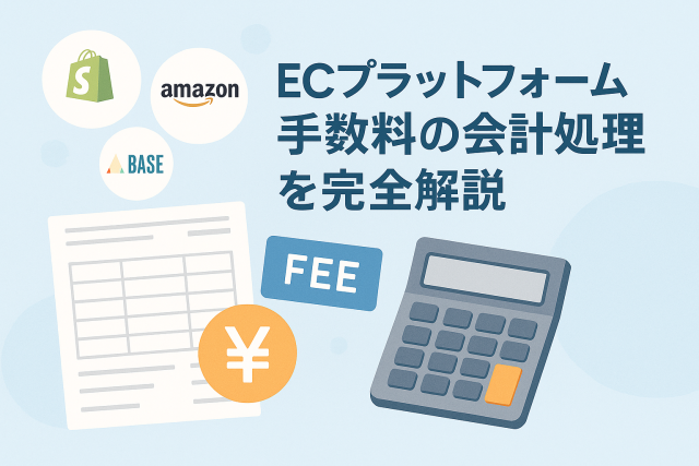 Shopify・BASE・Amazonのロゴと電卓、請求書、円マークを組み合わせ、ECプラットフォームの手数料会計処理をイメージした日本語のアイキャッチ画像。「ECプラットフォーム手数料の会計処理を完全解説」という見出し入りで、淡いブルーを基調とした清潔感のあるデザイン。