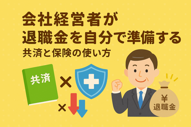 会社経営者が退職金を自分で準備する方法を表現した、共済と保険の活用をテーマにした親しみやすいイラスト